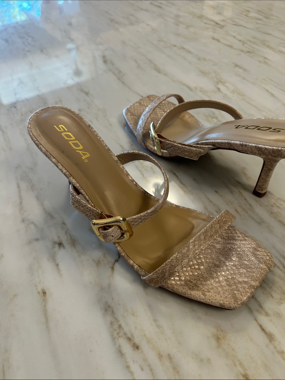 Soda Metallic Taupe Snake-Embossed Strappy Heels with Gold Buckle